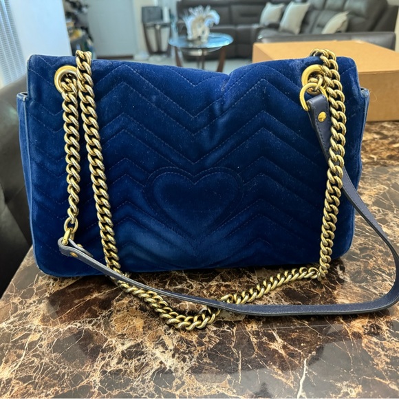 Gucci Velvet Matelasse Medium GG Marmont Shoulder Bag Colbalt Blue - Picture 4 of 8